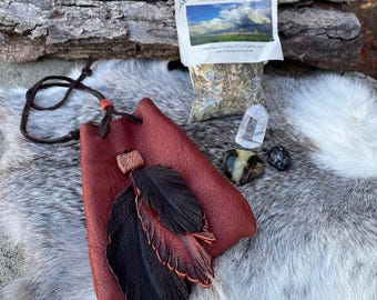 Offering Herbs, Prayer herbs, Offering pouch with herbs, Prayer Pouch, leather feather pouch