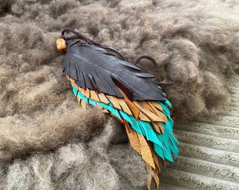 Leather feathers, Purse Charm, boho Leather feathers, Fan Pull, dangle feathers
