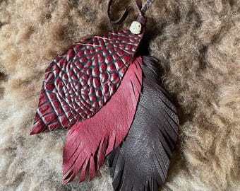 Red Leather feathers, Hair on hide feathers, Purse Charm, boho Leather feathers, Rustic feathers, dangle feathers