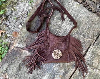 Medicine bag, Medicine bag necklace, leather necklace, Leather fringed bag, Hummingbird bag