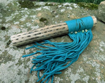 Teal Rain Stick, sound therapy, Tribal Rain Stick, fringe rain stick
