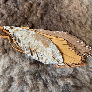 Leather feathers, Hair on hide feathers, Purse Charm, boho Leather feathers, Rustic feathers, dangle feathers