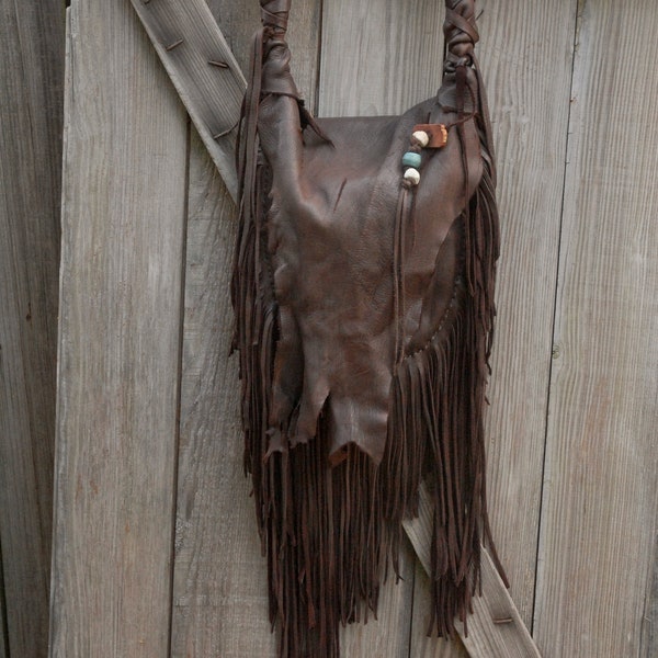 Chocolate brown leather purse, Fringed Leather Purse, Boho Purse, Native American Styled Purse