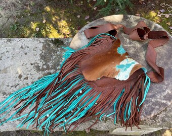 Turquoise and Brown leather purse, fringe leather bag, HOH purse, Festival purse, Cowgirl purse