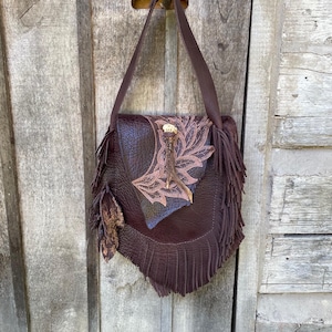 Brown leather purse, Shoulder bag, Western purse, leather and lace purse, Fringed Leather purse,  Boho pursebags and purses