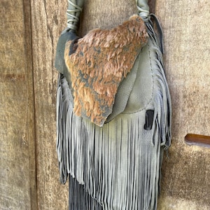 Fringed Leather Purse, Hair on Hide purse, Boho Purse, Gray fringed purse, Leather fringe shoulder bag