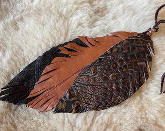Copper Leather feathers, Hair on hide feathers, Purse Charm, boho Leather feathers, Rustic feathers, dangle feathers, leather feathers