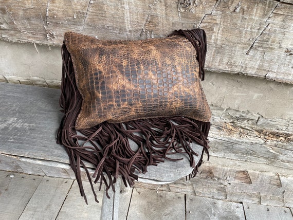 Leather Pillow, Gator Hide Pillow, Fringe Pillow, Native American 