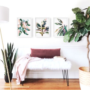 Könnte beinhalten: Drei gerahmte botanische Drucke mit rosa und grünen Blättern auf weißem Hintergrund. Die Drucke hängen an einer weißen Wand über einer weißen Kunstfellbank mit einem rosafarbenen Samtkissen. Eine Topfpflanze befindet sich auf der rechten Seite des Bildes.