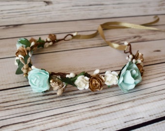 Handcrafted Mint Gold and Ivory Flower Crown - Mint Flower Halo - Aqua Flower Crown - Pastel Flower Crown - Renaissance Flower Halo - Adult