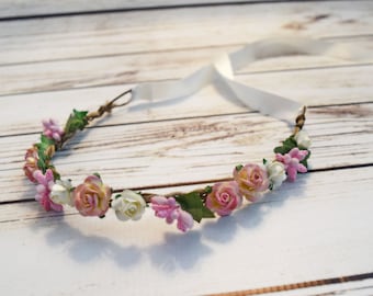 Handcrafted Pink Ivory Cream Rose Flower Crown - Spring Flower Crown - Renaissance Flower Halo - Woodland Halo - Flower Girl Halo - Bows