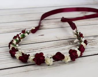 Handcrafted Burgundy and Ivory Flower Crown, Fall Bridal Hair Accessories, Wine Floral Wreath, Flower Crown Halo, Boho Autumn Wedding