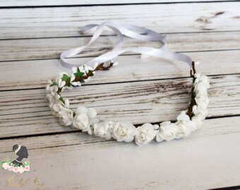 Handcrafted White Rose Flower Crown - Flower Girl Crown - White Flower Halo - White Bridal Crown - Woodland Crown - White Rose Headband