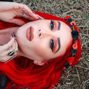 Handcrafted Small Black and Red Flower Crown, Gothic Floral Hair Accessory, Romantic Wedding Headband, Alternative Fairy Halloween Fashion
