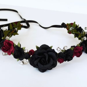 Handcrafted Gothic Burgundy and Black Rose Flower Crown, Dark Romantic Wedding, Halloween Headband, Dark Red Adult Headband, Bridal Wreath