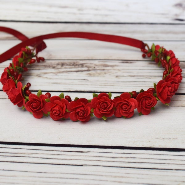 Handcrafted Holiday Red Flower Crown, Christmas Flower Girl Headband, Red Rose Headband, Baby Flower Crown, Newborn Halo, Adult Hair