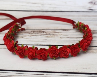 Handcrafted Holiday Red Flower Crown, Christmas Flower Girl Headband, Red Rose Headband, Baby Flower Crown, Newborn Halo, Adult Hair