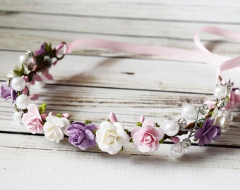 Handcrafted Pearl Light Pink Lavender and White Flower Crown, Small Floral Wedding Halo, Purple Rose Headband, Spring Boho Hair Accessory