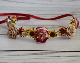 Handcrafted Neutral Sunflower Flower Crown - Neutral Tan Yellow and Red Flower Crown - Sunflower Wedding Hair - Flower Girl Halo - Bridal