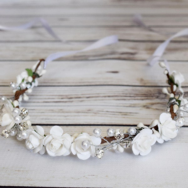 Handcrafted Small White Rose Flower Girl Crown, Pearl Bridal Tiara, Floral Wedding Hair Wreath, Crystal Headband, Vintage First Communion
