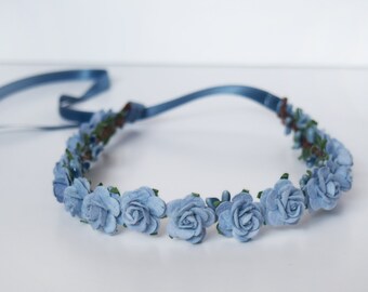 Handcrafted Dusty Blue Flower Crown, Light Blue Rose Bridal Hair Accessory, Small Flower Girl Halo, Adult Dance Headband, Fairy Spring Hair