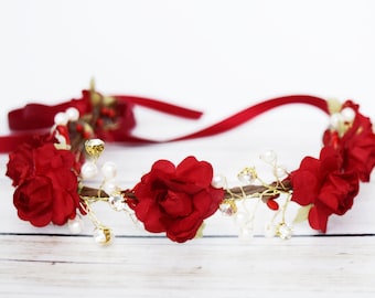 Handcrafted Red Pearl Flower Girl Crown, Red Rose Headband, Gold Bridal Halo, Holiday Hair Wreath, Bridesmaid Headpiece Christmas Girls Hair