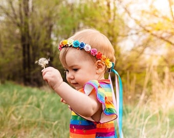 Sweet Rainbow Flower Crown, Rainbow Baby Headband, Floral Hair Wreath, Maternity Photoshoot Accessory, Wedding Floral Crown, Baby Girl Bows