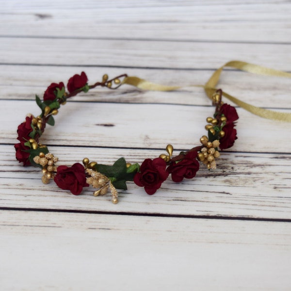 Handgjord vinröd och guld blomsterkrona bröllopshår, brudblomsterkrona, vinröd blomsterkrona, brudtärnehårkrans boho blomsterflicka gloria