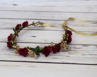Handcrafted Burgundy and Gold Flower Crown - Flower Halo - Bridesmaid Flower Crown - Autumn Flower Crown - Winter Rose - Ribbon Tie Back