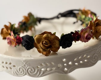 Handcrafted Unique Fall Flower Crown, Copper Burgundy Wine Black Wedding Hair Accessory, Small Flower Girl Halo, Rustic Rose Autumn Headband