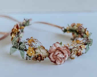 Handcrafted Mauve Mustard and Brown Fall Flower Crown, Butterfly Hair Accessory, Autumn Wedding Headband, Adult Floral Babys Breath Wreath