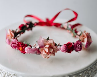 Handcrafted Whimsical Varying Pink Fairy Flower Crown, Mushroom Butterfly Hair Accessory, Woodland Wedding Boho Headband Renaissance Costume