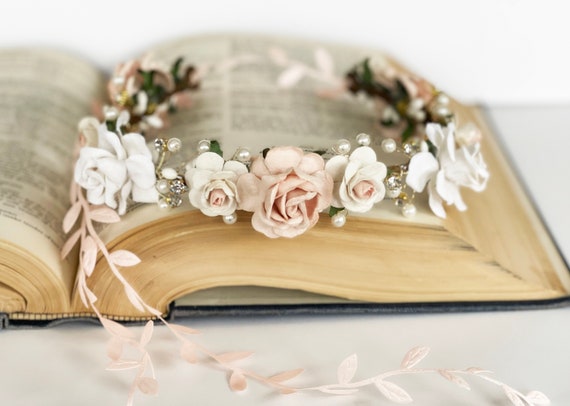 Handcrafted Blush Flower Crown, Bridal Floral Crown, off 