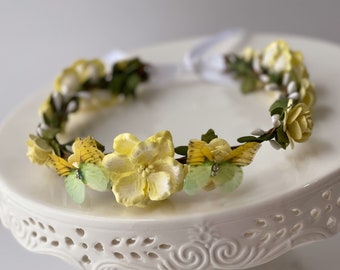 Handcrafted Lemon Yellow White and Green Butterfly Flower Crown, Small Fairy Garden Birthday Party Hair Accessory Gift for Girls Cottagecore