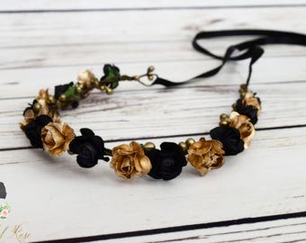 Handcrafted Black and Gold Flower Girl Crown, Bridal Hair Piece, Gothic Wedding Halo, Small Floral Headband, Bridesmaid Hair Accessory