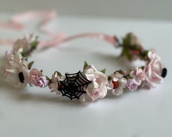 Handcrafted Pastel Pink Halloween Flower Crown, Black Spider Headband, Costume Hair Accessory, Adult Web Floral Wreath