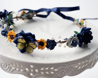 Handcrafted Dollywood Butterfly Sunflower and Navy Blue Flower Crown, Pearl Wedding Hair Accessory, Whimsical Flower Girl Halo, Bridal Rose