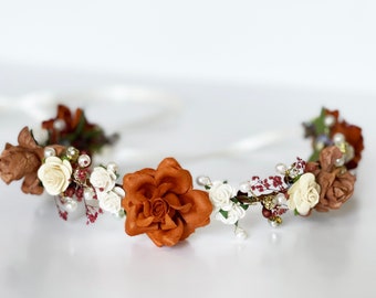 Handcrafted Rustic Copper Flower Crown, Wedding Crown, Dried Babys Breath Pearl Hair Accessory, Rust Bridal Headband, Ivory Floral Wreath