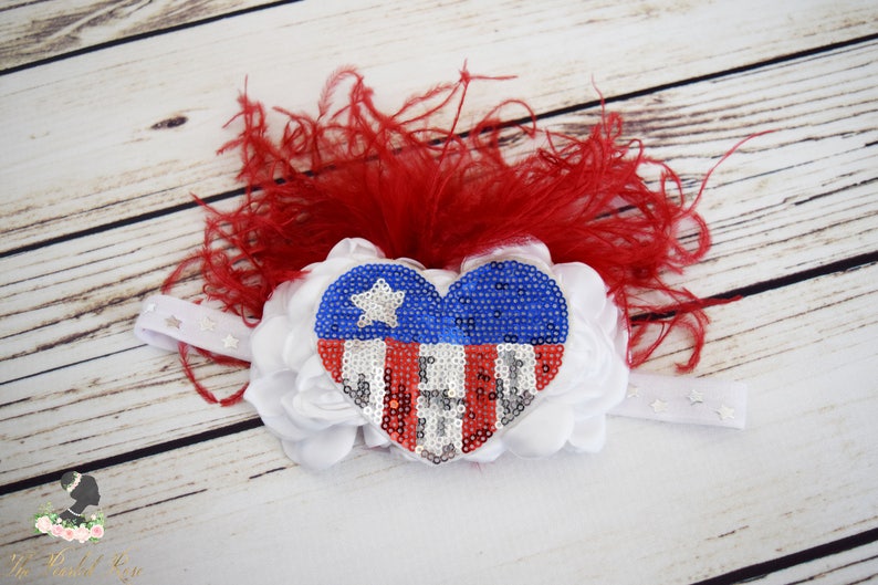Stars and Stripes Fashion Big Floral Headpiece Fancy July 4th Headband Sequin Flag Feather Headband Patriotic Headband White Flowers