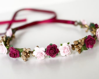 Handcrafted Burgundy Light Pink and Gold Flower Girl Crown, Small Bridal Floral Halo, Maroon Bridesmaid Hair Flowers, Vintage Boho Wreath