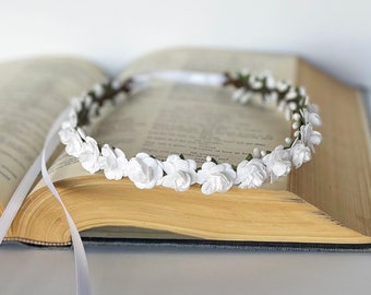 Handcrafted Small White Flower Crown, Flower Girl Halo, Wedding White Bridal Crown, Maternity Headband, Woodland First Communion Hair Wreath