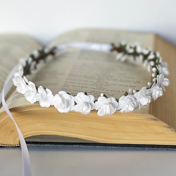 Handcrafted Small White Flower Crown, Flower Girl Halo, Wedding White Bridal Crown, Maternity Headband, Woodland First Communion Hair Wreath