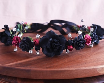 Handcrafted Gothic Burgundy and Black Rose Flower Crown