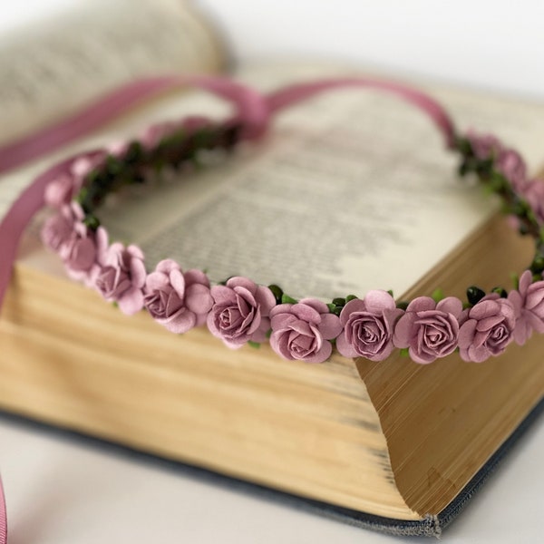 Handcrafted Dusty Rose Flower Crown, Mauve Wedding Hair Wreath, Bridal Headband, Small Flower Girl Halo, Vintage Pink Bridesmaid Accessory
