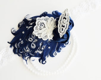 Handcrafted Art Deco Navy Blue and White Headband, Roaring Twenties Adult Hair Accessory, Feather Headpiece, Crystal Pearl Flapper Girl Baby