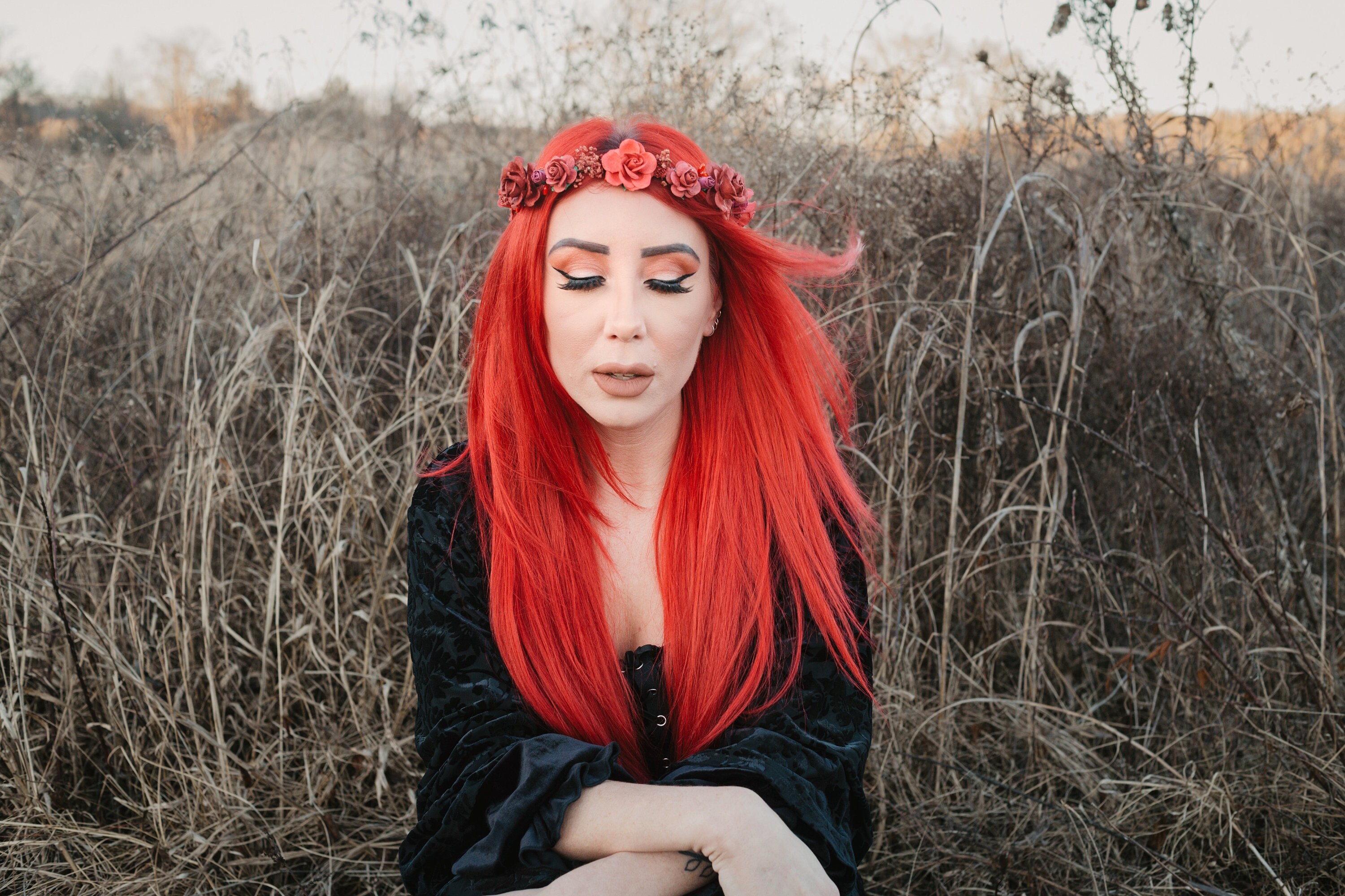 Hand Crafted Deep Red Floral Hair Crown with Greenery Fabric Flower Crown - Red- Custom Made to Order - The Hat Junkie main image 4