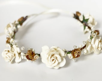 Handcrafted Ivory and Gold Floral Hair Accessory, Boho Wedding Flower Crown, Adult Rose Wreath, Small Pearl Headband, Garden Fairy Girl