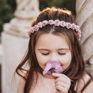 Handcrafted Dusty Rose Flower Crown, Mauve Wedding Hair Wreath, Bridal Headband, Small Flower Girl Halo, Vintage Pink Bridesmaid Accessory image 4