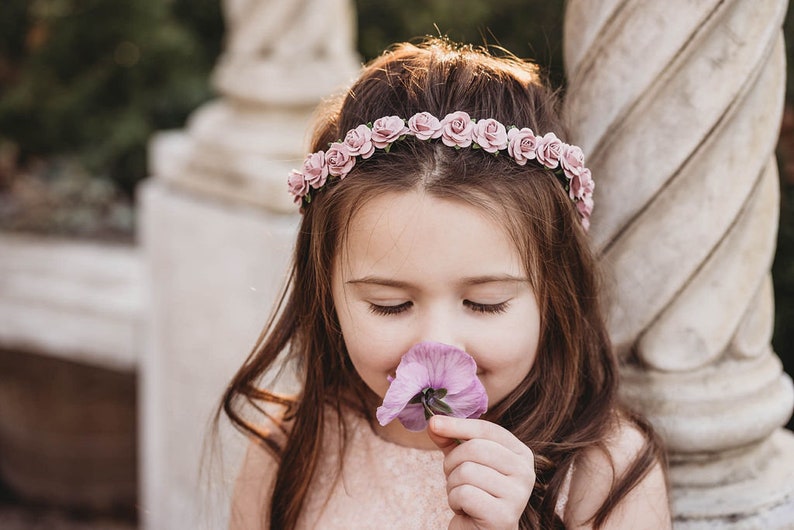 Handcrafted Dusty Rose Flower Crown, Mauve Wedding Hair Wreath, Bridal Headband, Small Flower Girl Halo, Vintage Pink Bridesmaid Accessory image 4