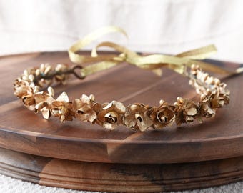 Handcrafted Grecian Gold Flower Crown, Small Rose Floral Headband, Wedding Hair Accessories for Brides and Flower Girls, Goddess Costume
